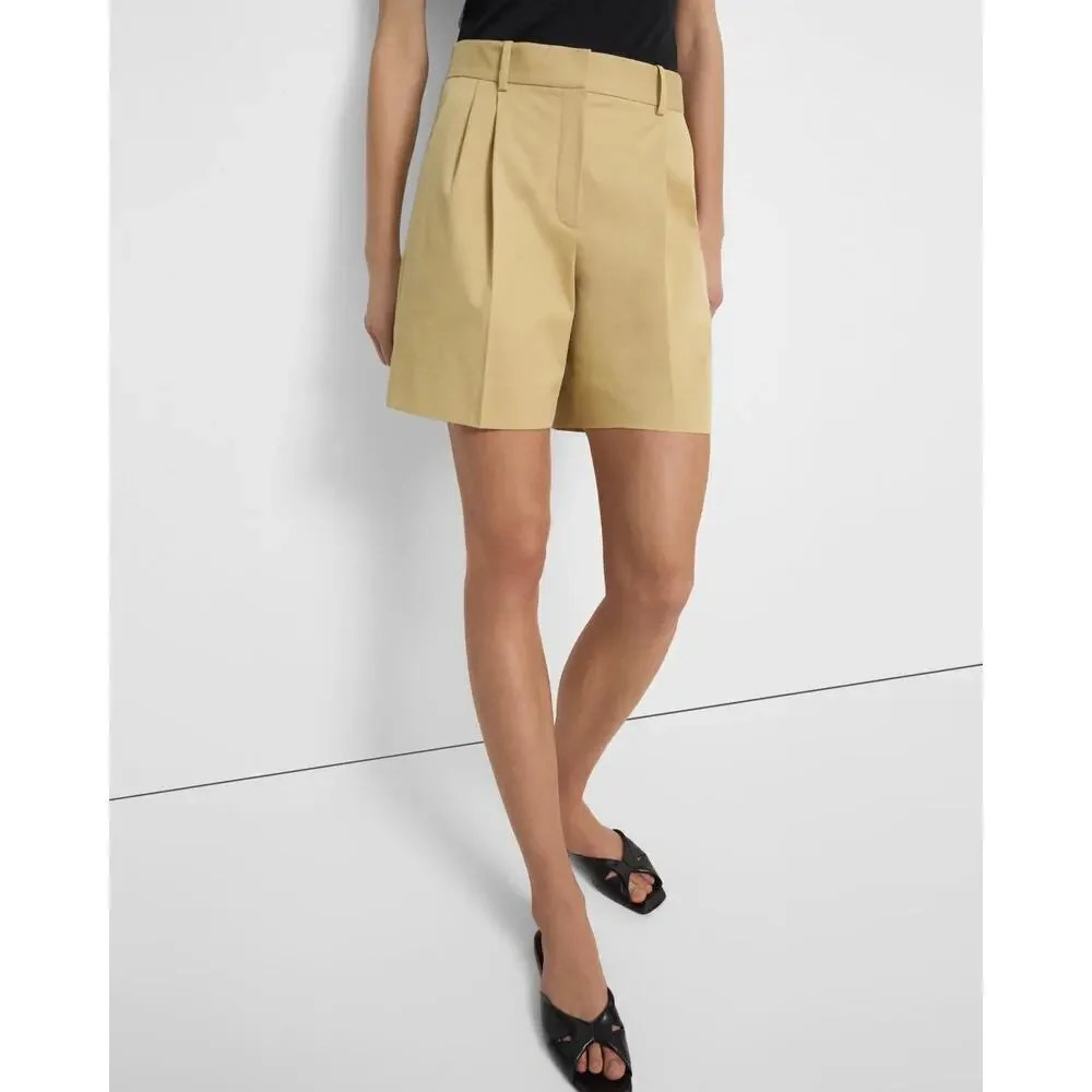Theory High-Rise Pleated Shorts in Stretch Cotton Twill Olive Size 10 NWOT